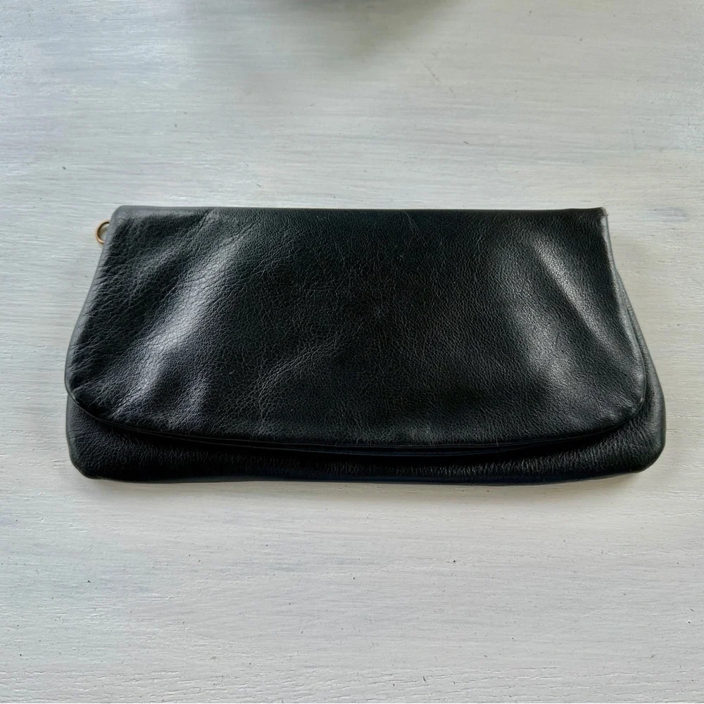 NO BRAND, WOMENS, GENUINE BLACK LEATHER, FOLDOVER CLUTCH BAG.